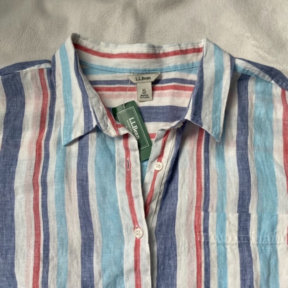 LL Bean Premium Striped Pool Blue Linen Button Down Shirt New - Picture 6 of 10